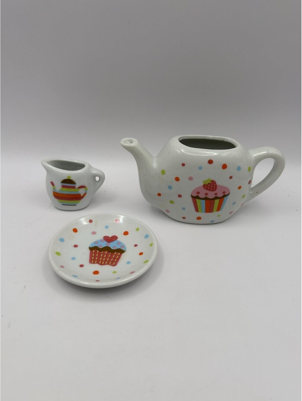 Miniature Ceramic Tea Set Cupcake Polka Dot Teapot Creamer Saucer Plate and Blue